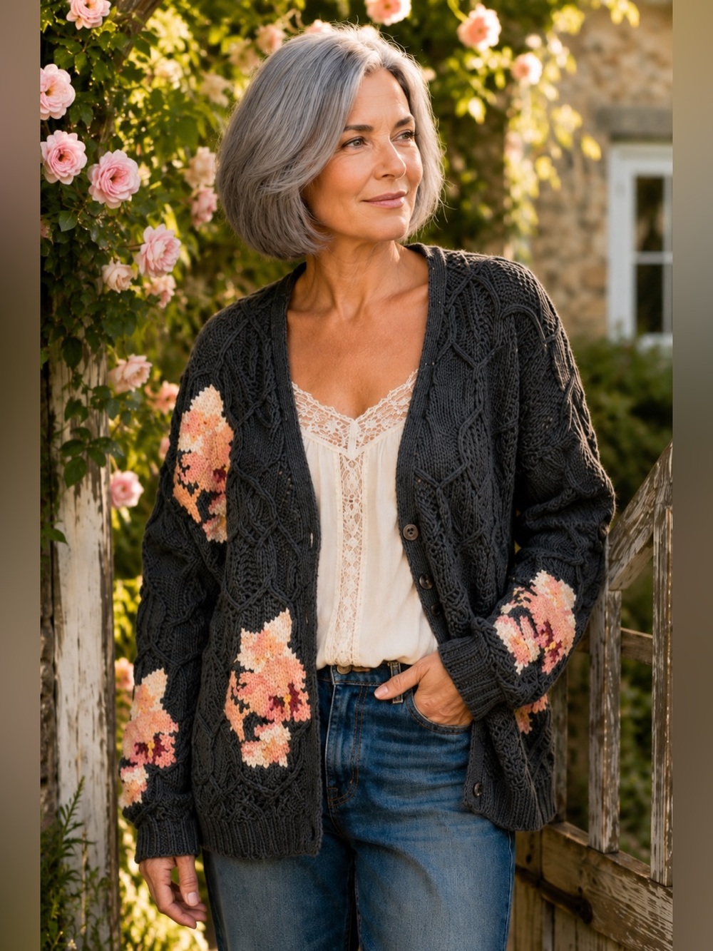 Vintage J.J. Browne Floral Ramie Cotton Cable Knit Cardigan Sweater L